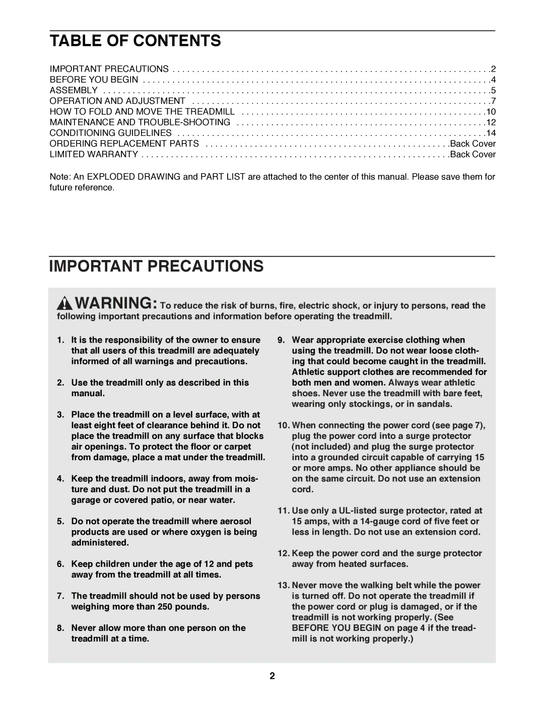 ProForm PFTL52580 user manual Table of Contents, Important Precautions 