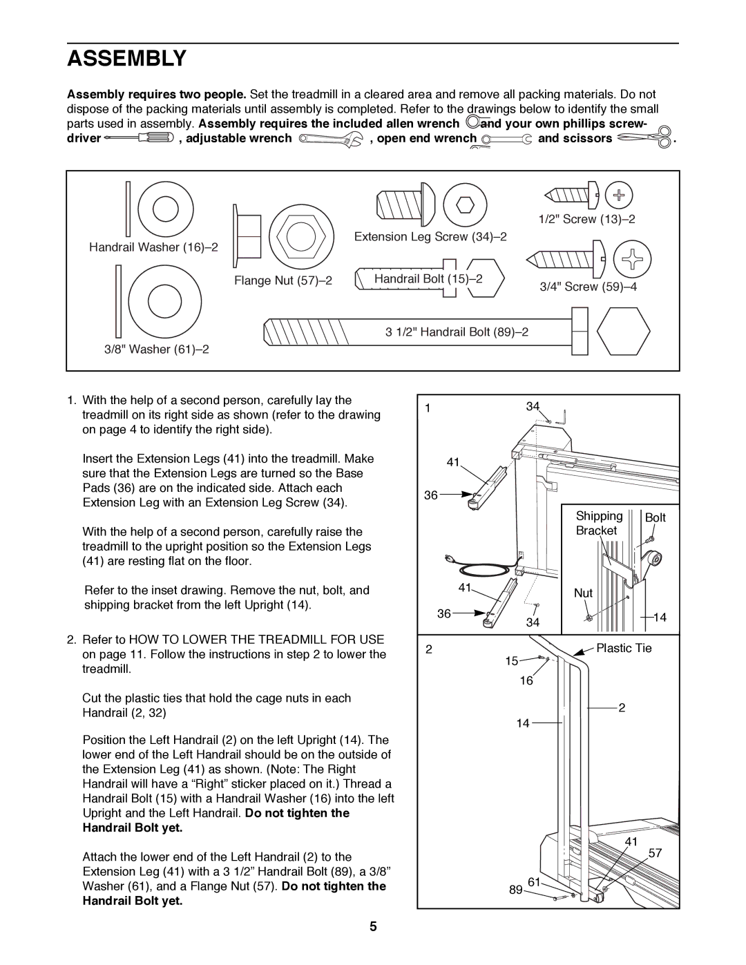 ProForm PFTL52580 user manual Assembly, Handrail Bolt yet 