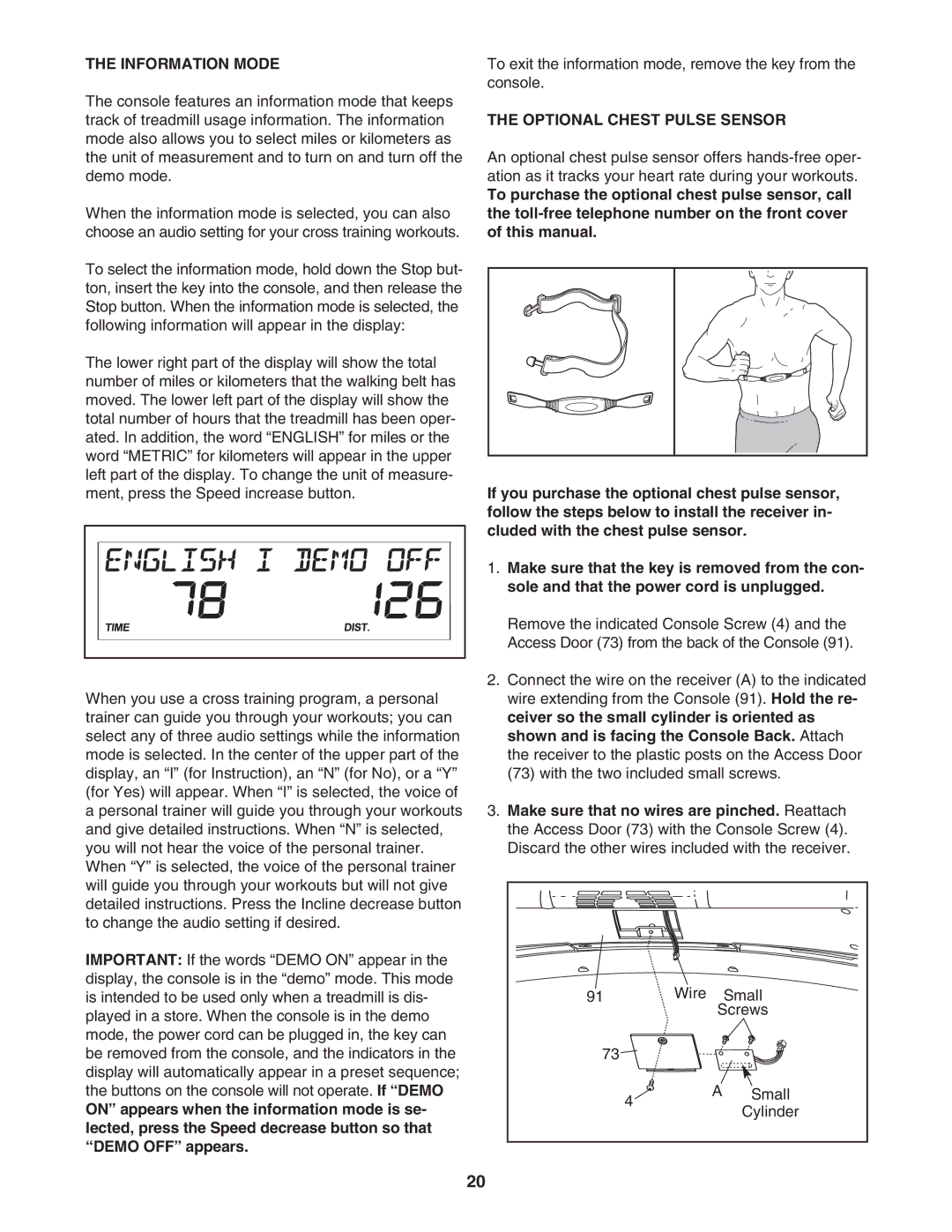 ProForm PFTL54706.0 user manual Information Mode, Optional Chest Pulse Sensor 