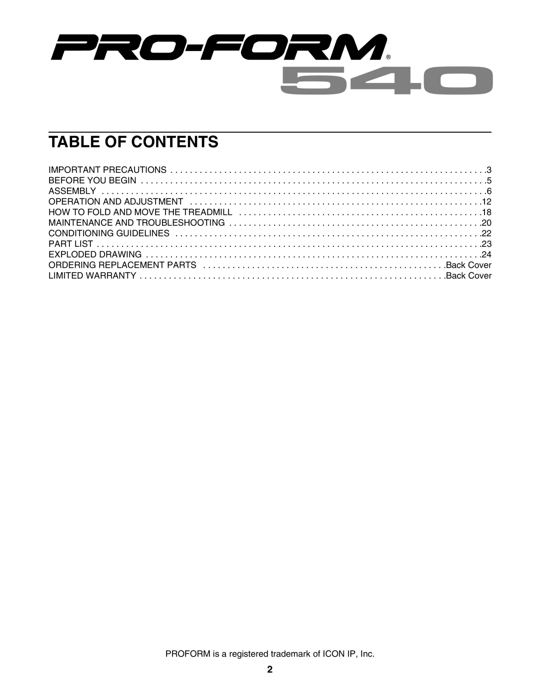 ProForm PFTL54806.0 user manual Table of Contents 