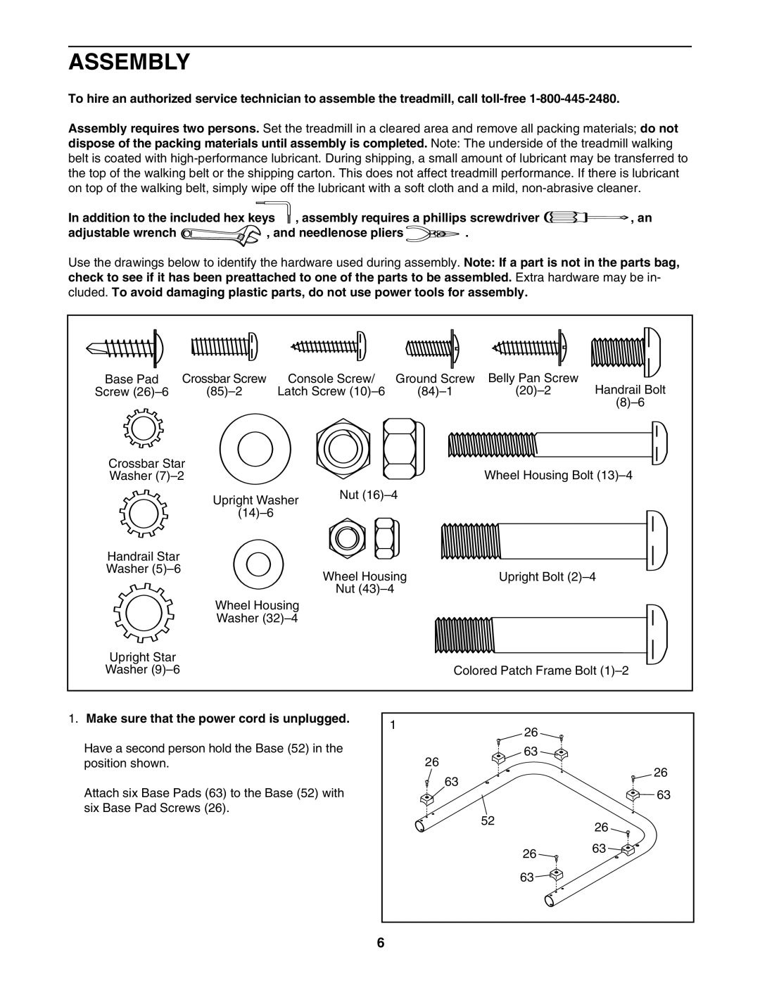 ProForm PFTL54806.0 user manual Assembly, Make sure that the power cord is unplugged 