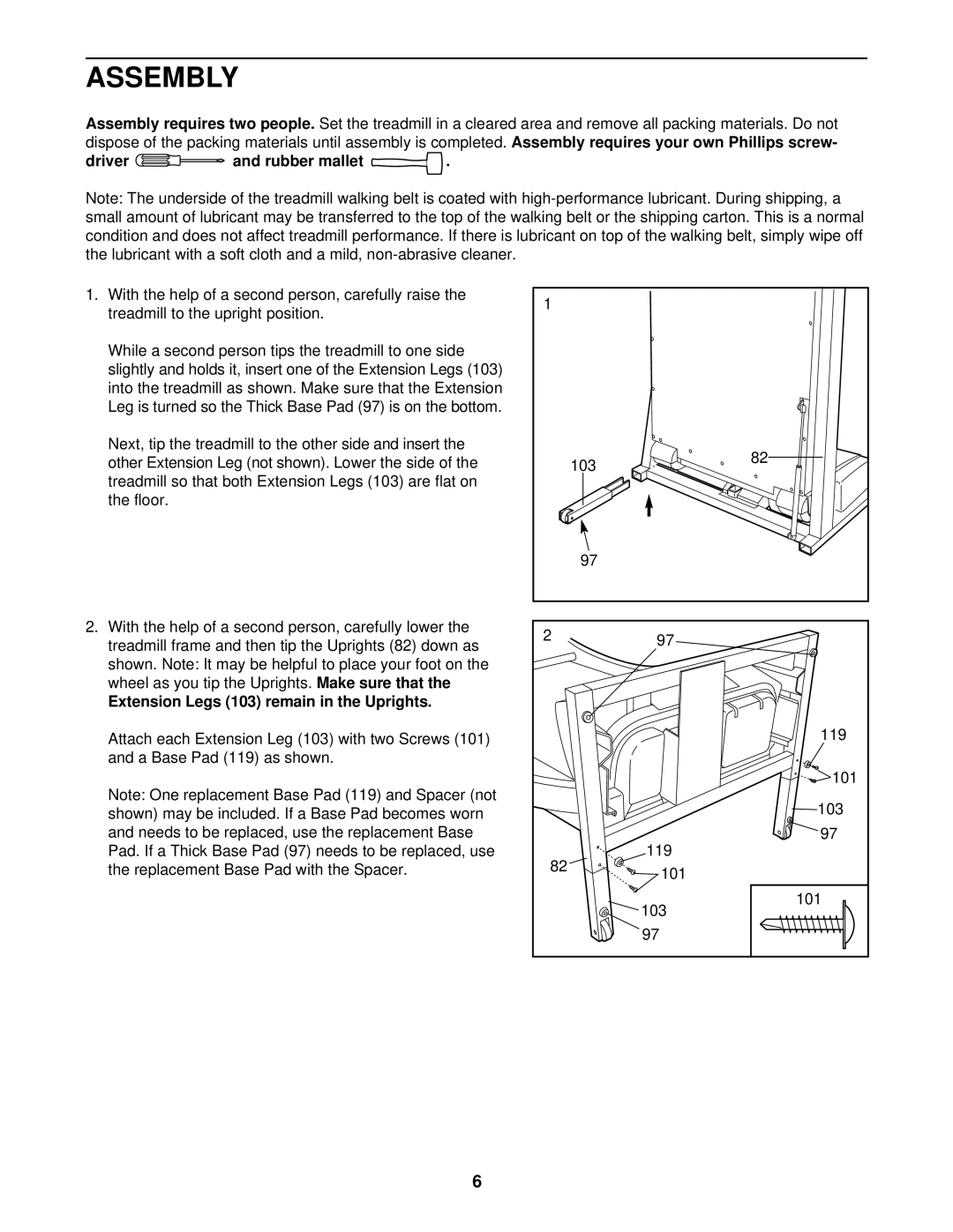 ProForm PFTL55820 user manual Assembly, Driver and rubber mallet, Extension Legs 103 remain in the Uprights 