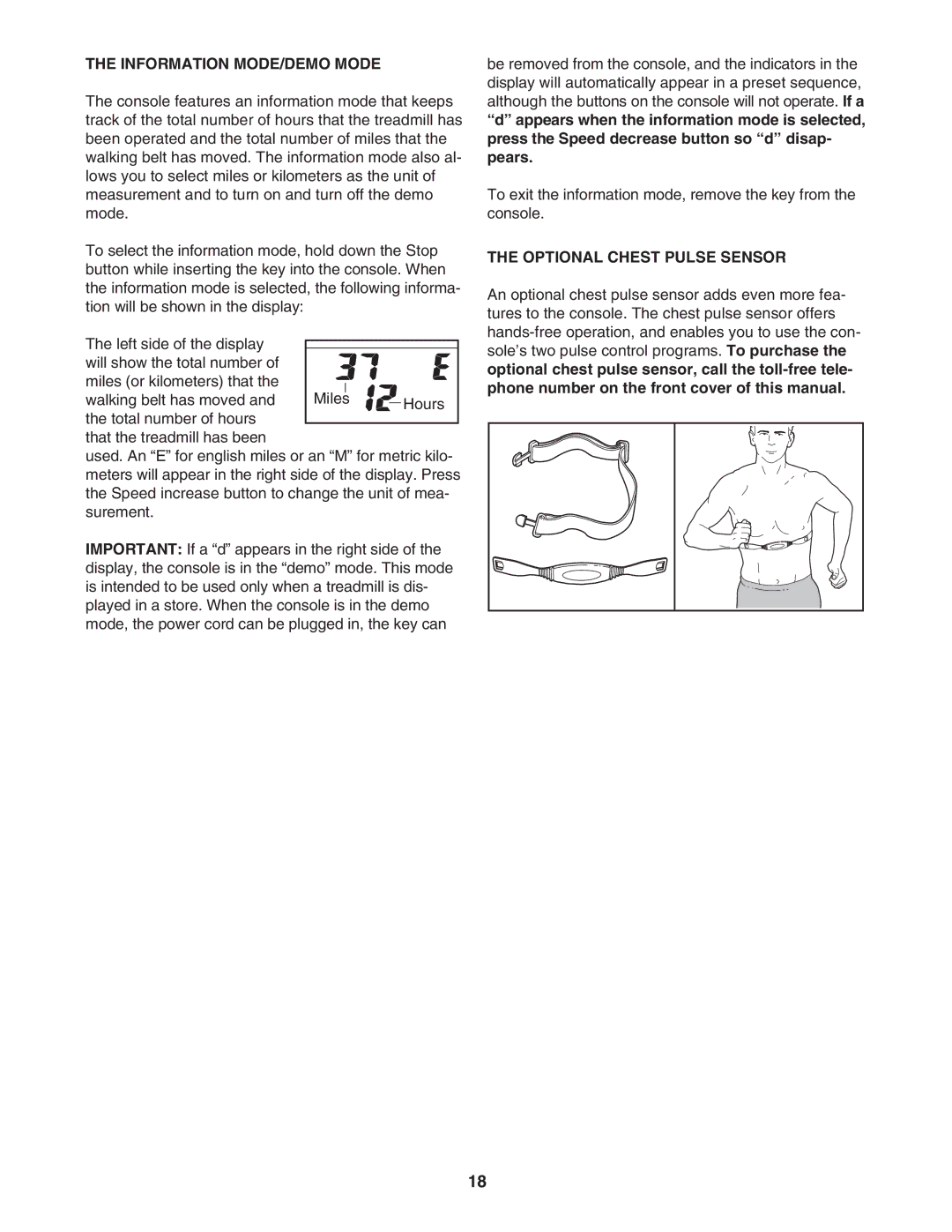 ProForm PFTL57105.2 user manual Information MODE/DEMO Mode, Optional Chest Pulse Sensor 