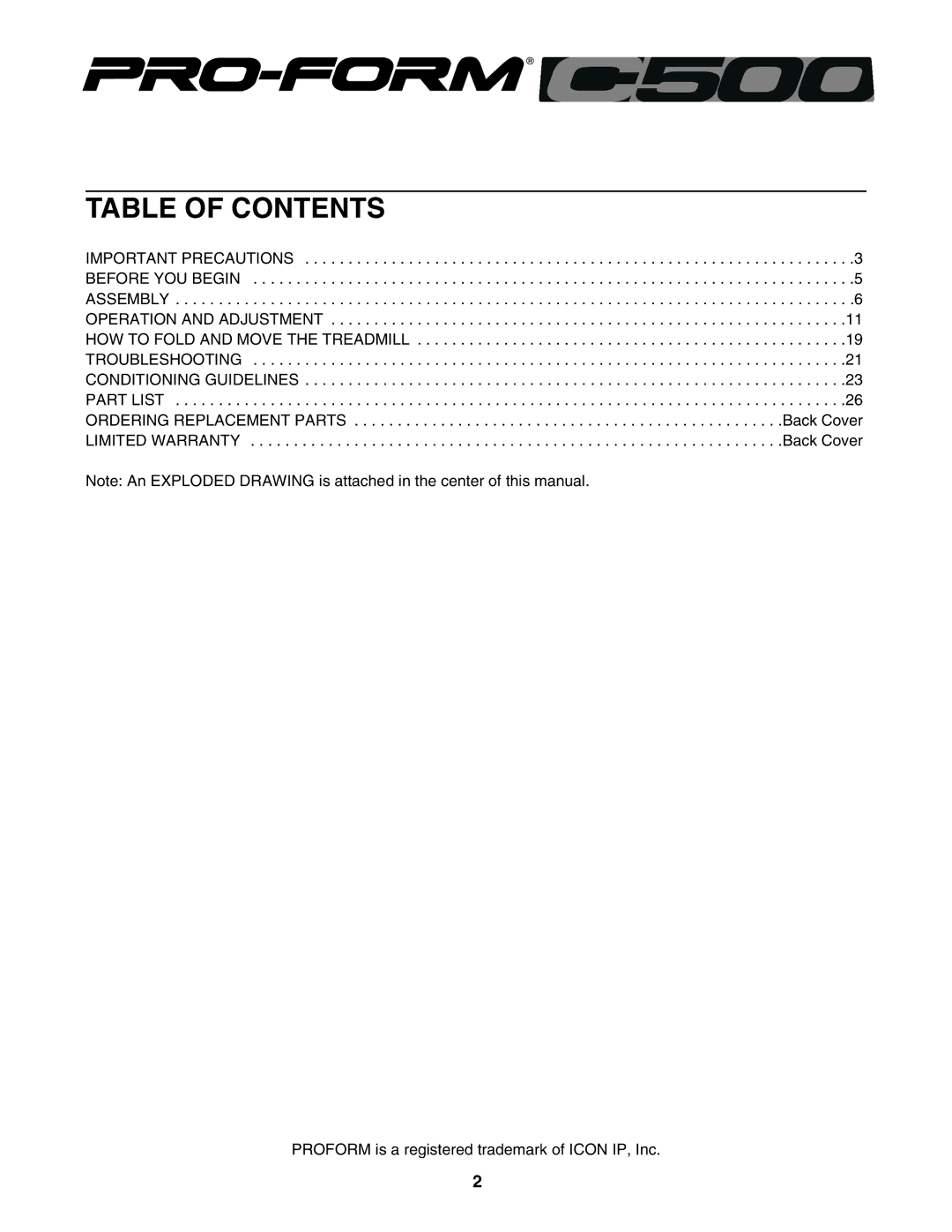 ProForm PFTL57105.2 user manual Table of Contents 