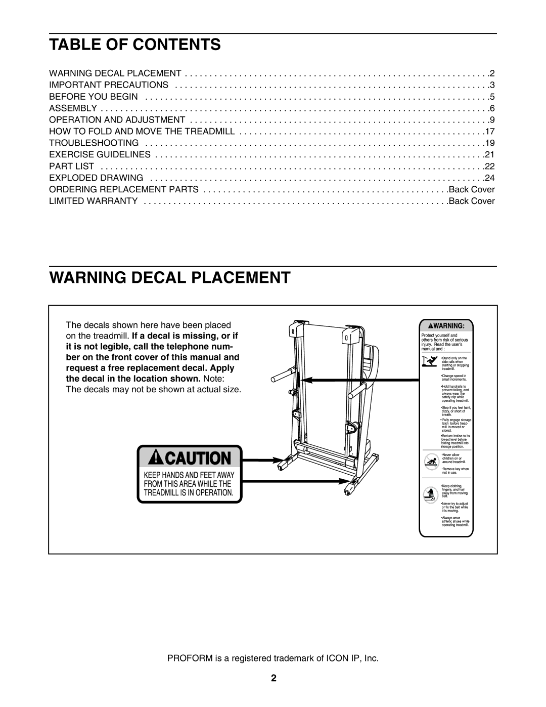 ProForm PFTL57507.0 user manual Table of Contents 