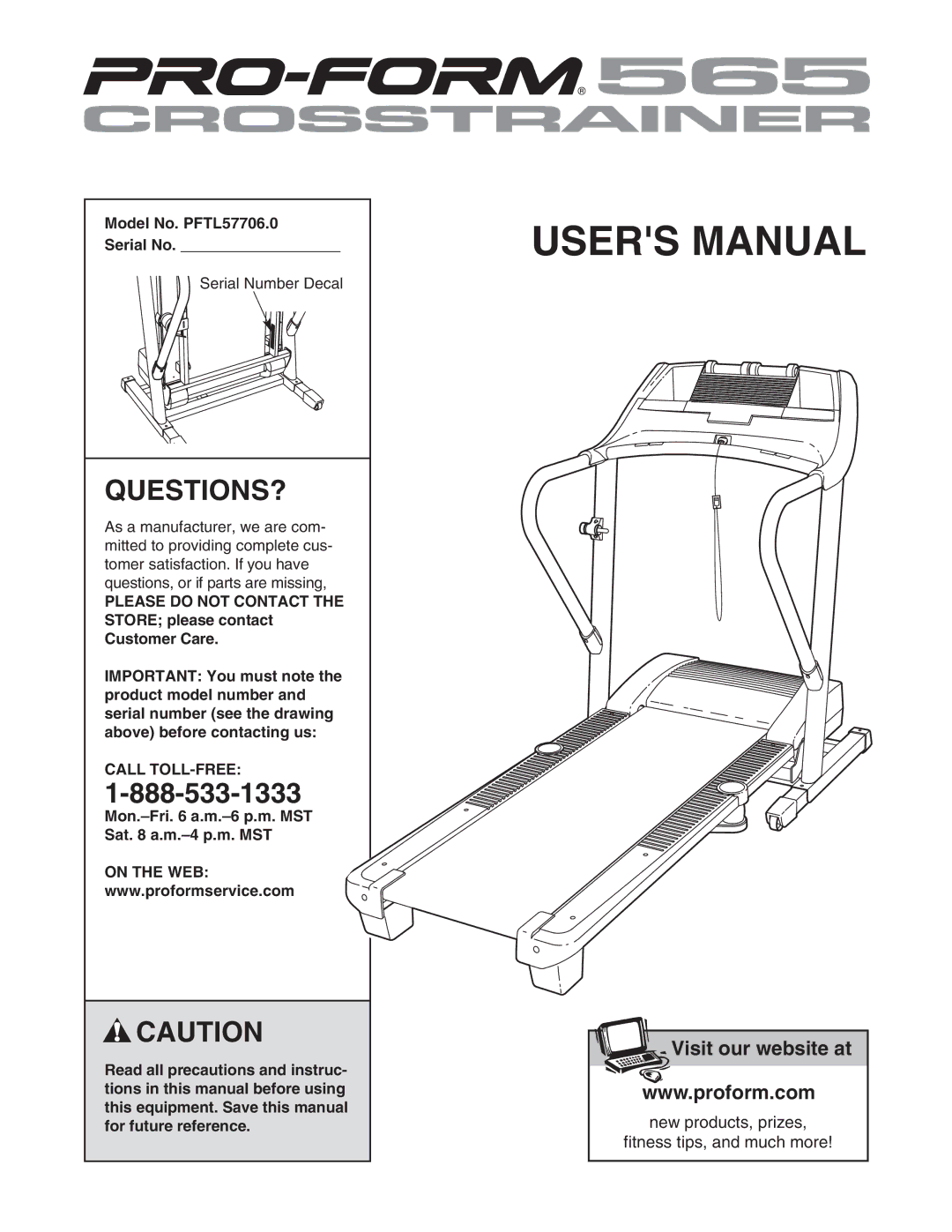 ProForm user manual Questions?, Model No. PFTL57706.0 Serial No, Call TOLL-FREE 