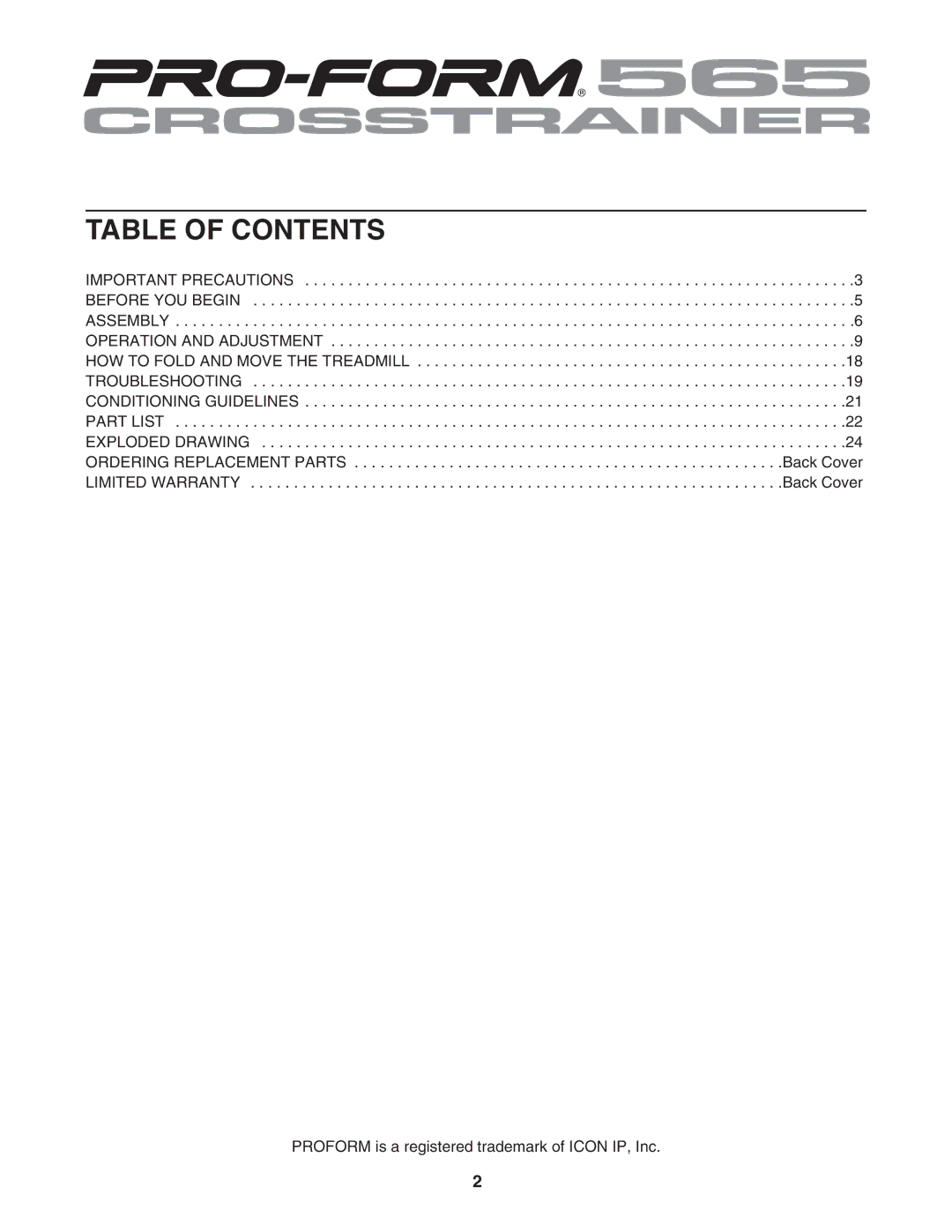 ProForm PFTL57706.0 user manual Table of Contents 