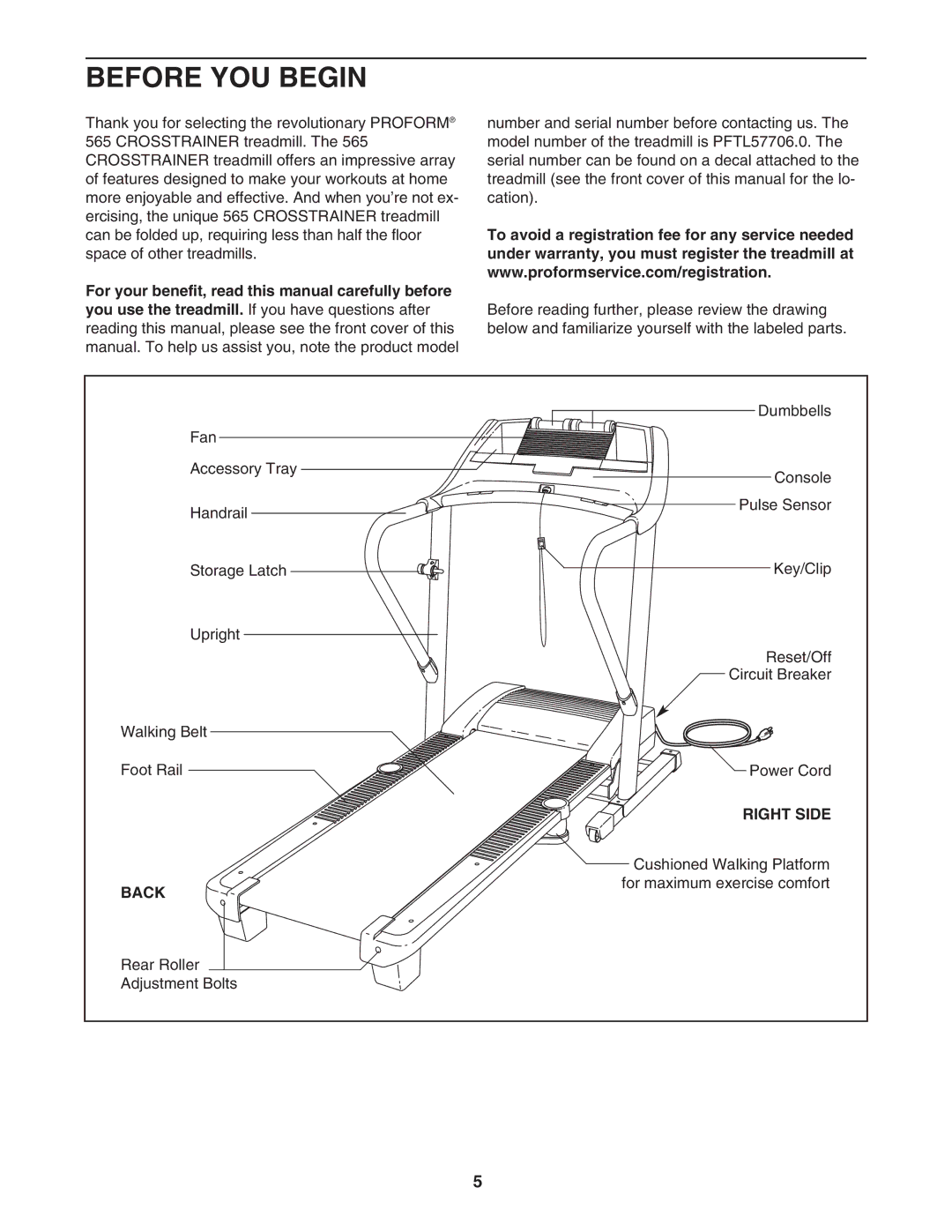 ProForm PFTL57706.0 user manual Before YOU Begin, Right Side, Back 