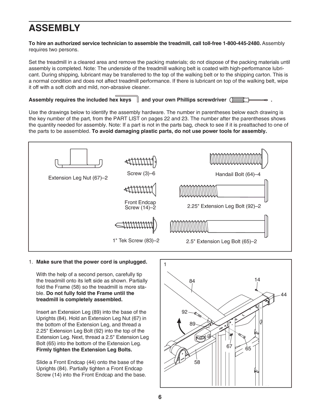 ProForm PFTL57706.0 Assembly, Make sure that the power cord is unplugged, Firmly tighten the Extension Leg Bolts 