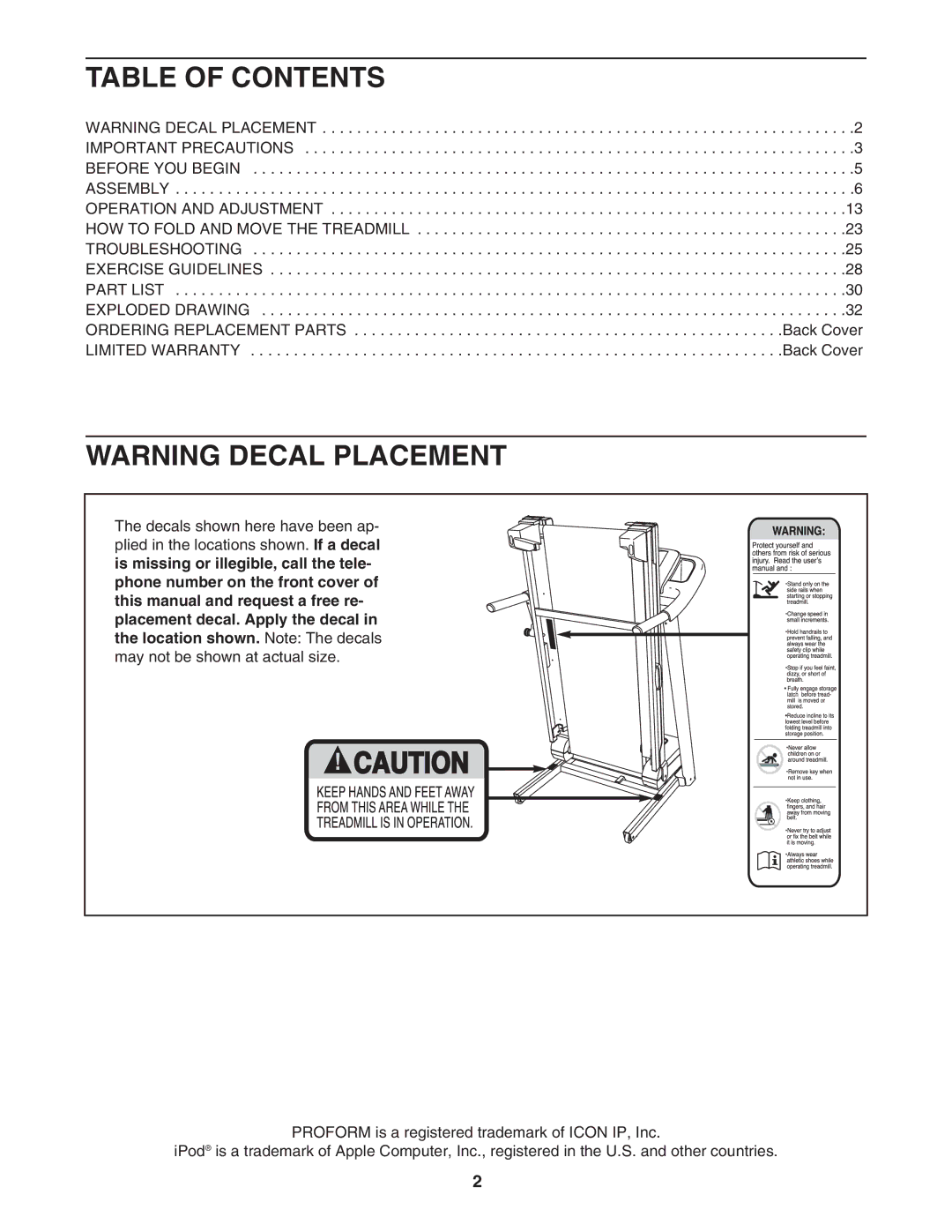 ProForm PFTL57807.0 user manual Table of Contents 