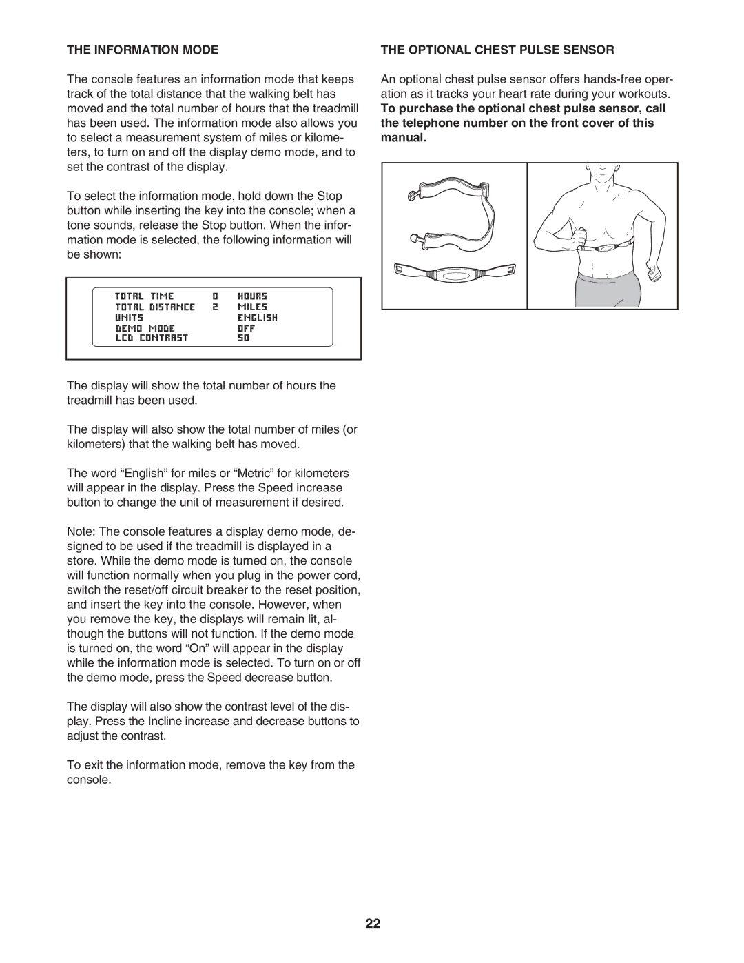 ProForm PFTL57807.0 user manual Information Mode, Optional Chest Pulse Sensor 