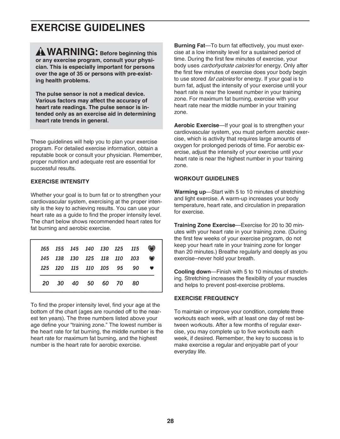 ProForm PFTL57807.0 user manual Exercise Guidelines, Exercise Intensity, Workout Guidelines, Exercise Frequency 