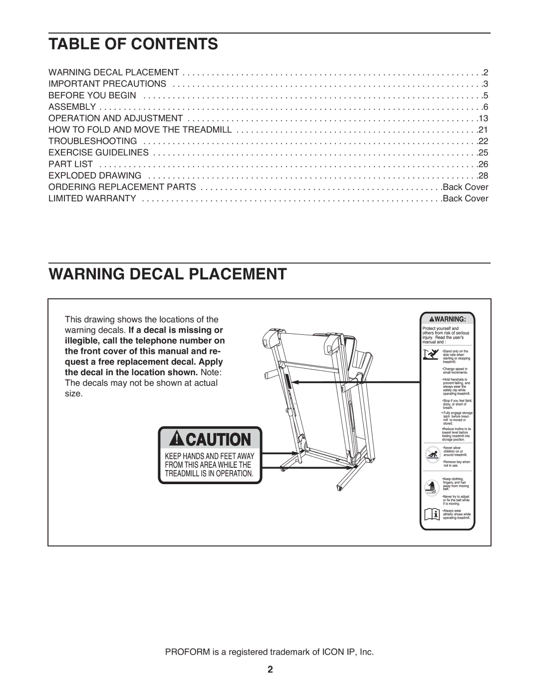 ProForm PFTL57908.0 manual Table of Contents 