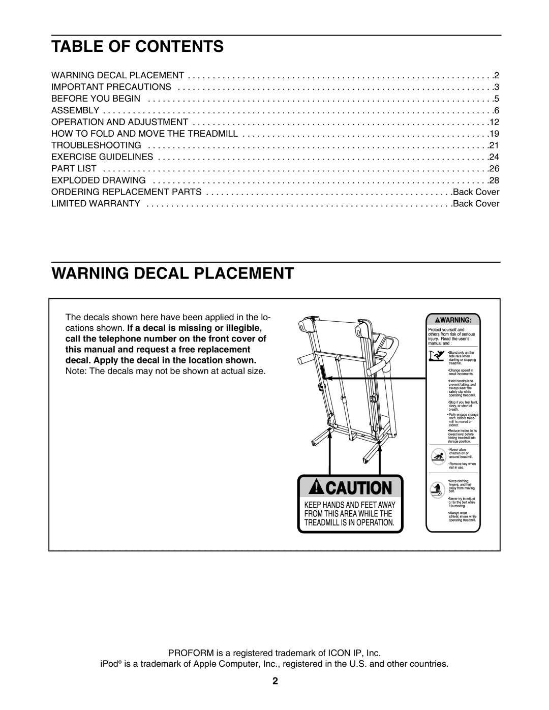 ProForm PFTL58007.0 user manual Table of Contents 