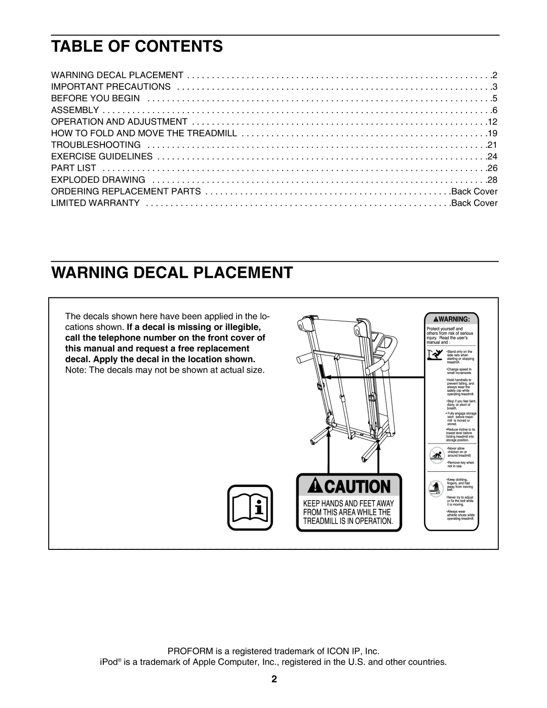 ProForm PFTL58007.1 user manual Table of Contents 