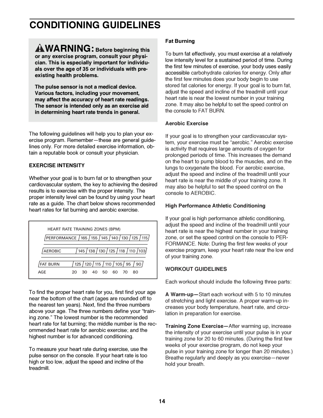 ProForm PFTL58581 user manual Conditioning Guidelines, Exercise Intensity, Workout Guidelines 