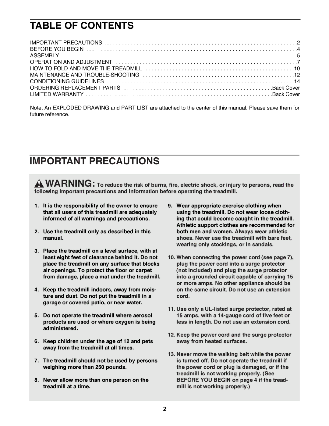 ProForm PFTL58581 user manual Table of Contents, Important Precautions 