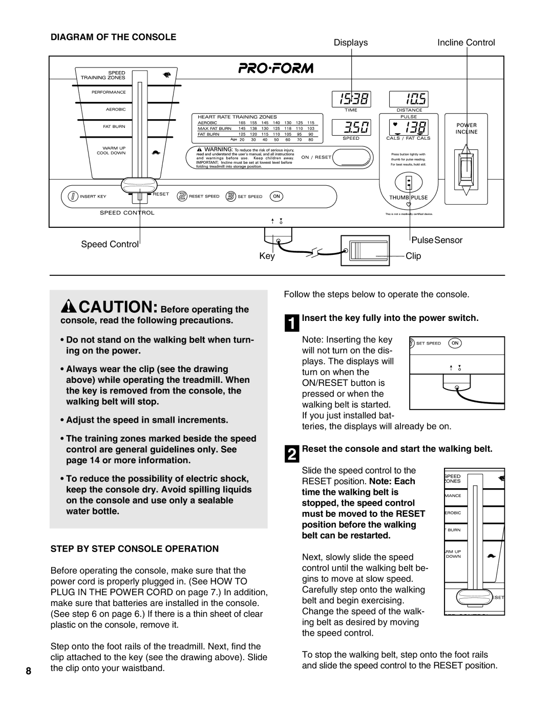 ProForm PFTL58590 Diagram of the Console, Insert the key fully into the power switch, Step by Step Console Operation 