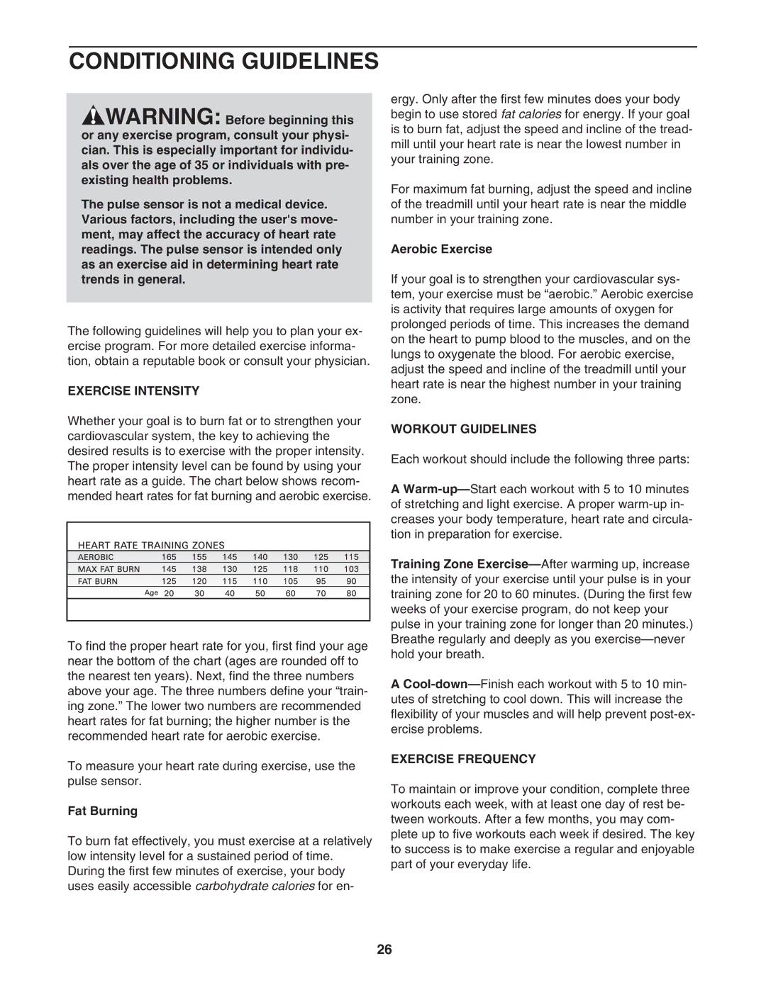 ProForm PFTL590040 user manual Conditioning Guidelines, Exercise Intensity, Workout Guidelines, Exercise Frequency 