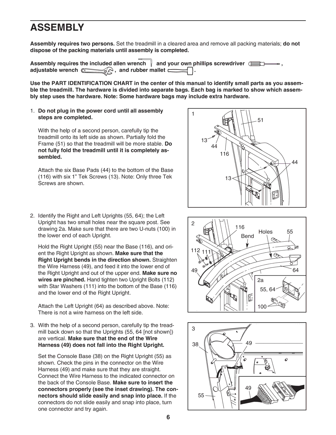 ProForm PFTL590040 user manual Assembly, Harness 49 does not fall into the Right Upright 