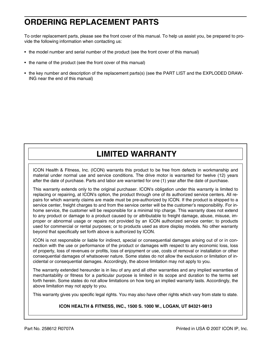 ProForm PFTL59007.0 Ordering Replacement Parts, Limited Warranty, Icon Health & FITNESS, INC., 1500 S W., LOGAN, UT 