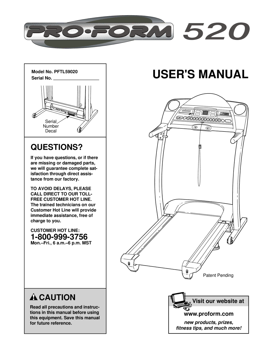 ProForm user manual Questions?, Model No. PFTL59020 Serial No, Customer HOT Line 