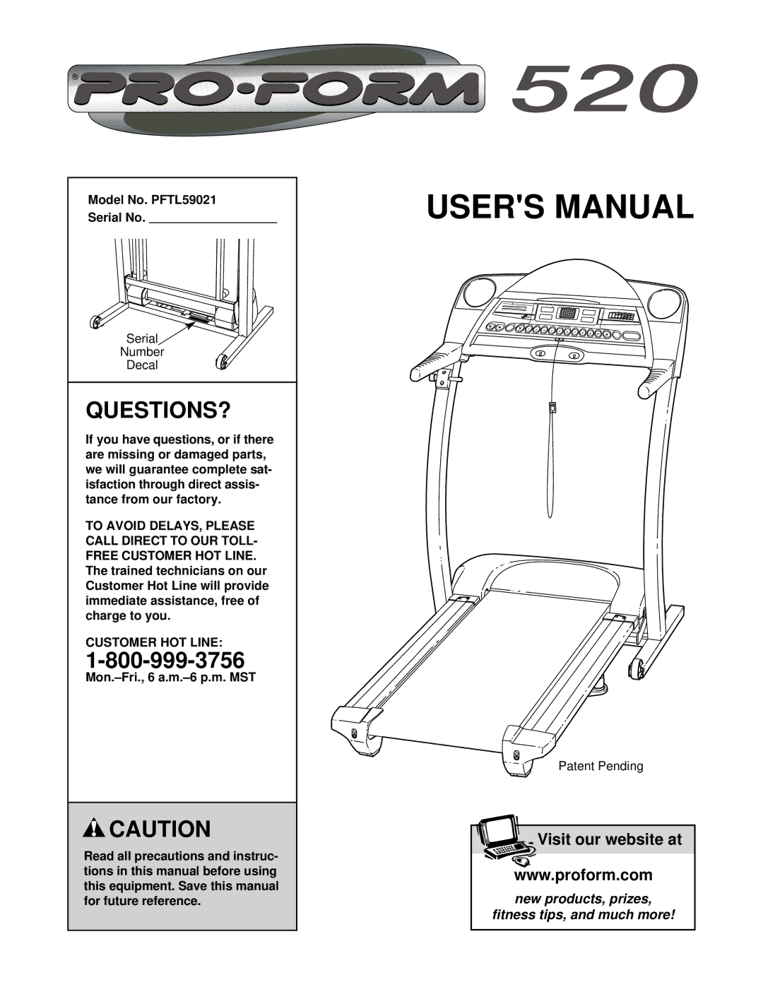 ProForm user manual Questions?, Model No. PFTL59021 Serial No, Customer HOT Line 