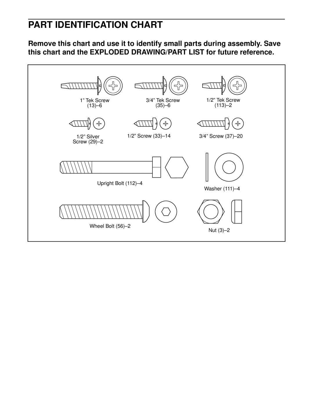 ProForm PFTL59021 user manual Part Identification Chart 