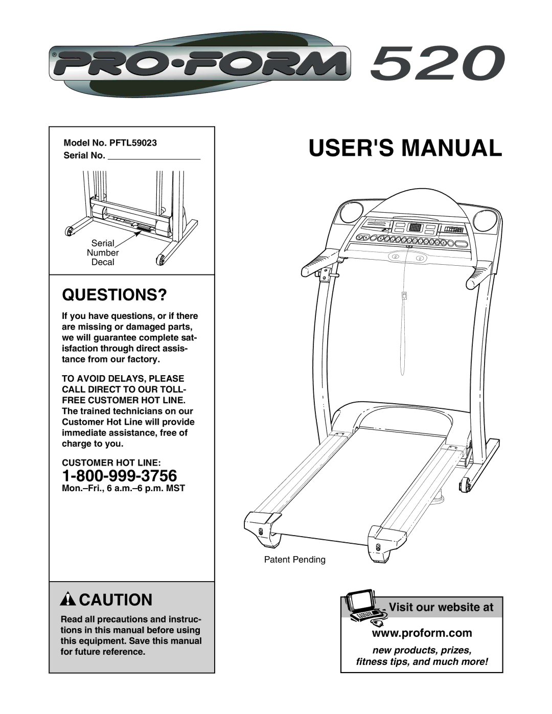 ProForm user manual Questions?, Model No. PFTL59023 Serial No, Customer HOT Line 