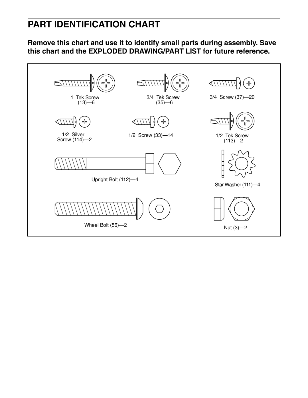 ProForm PFTL59023 user manual Part Identification Chart 