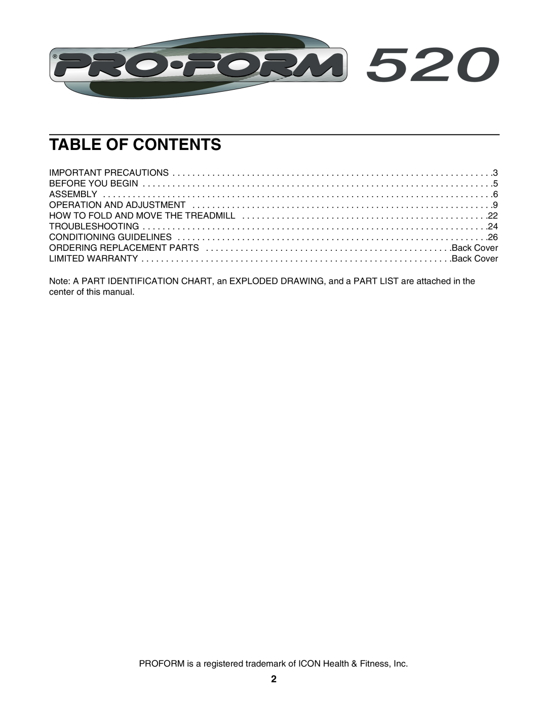 ProForm PFTL59023 user manual Table Of Contents, PROFORM is a registered trademark of ICON Health & Fitness, Inc 