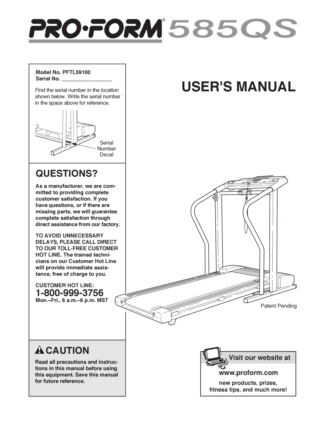 ProForm user manual Questions?, Model No. PFTL59100 Serial No, Customer HOT Line 