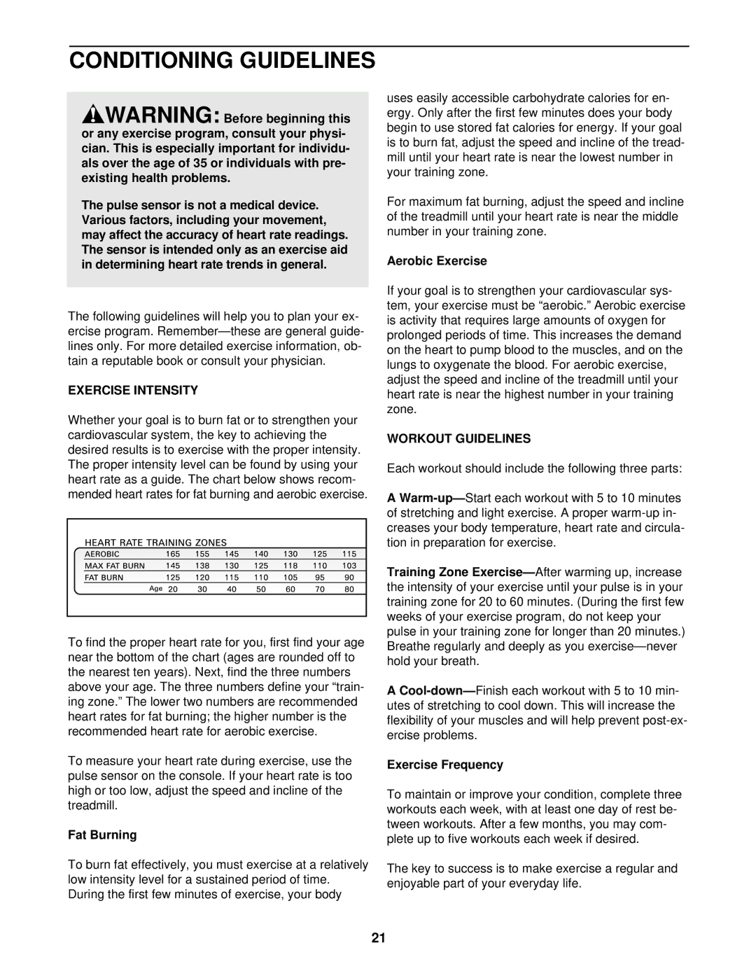 ProForm PFTL59104 user manual Conditioning Guidelines, Exercise Intensity, Workout Guidelines 