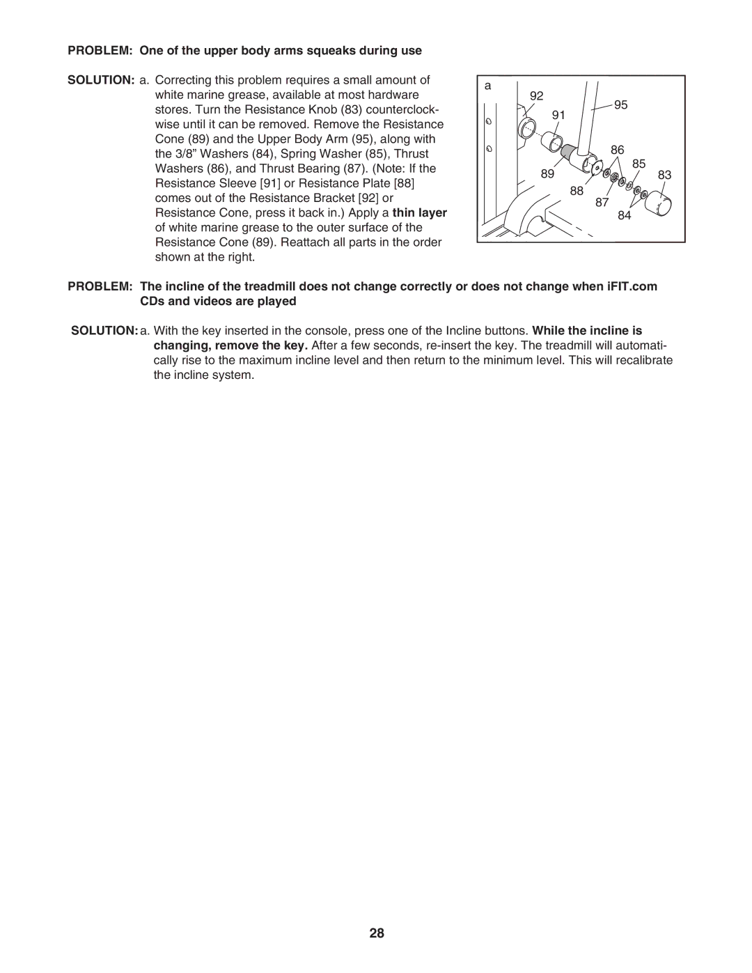 ProForm PFTL591040 user manual Problem One of the upper body arms squeaks during use 