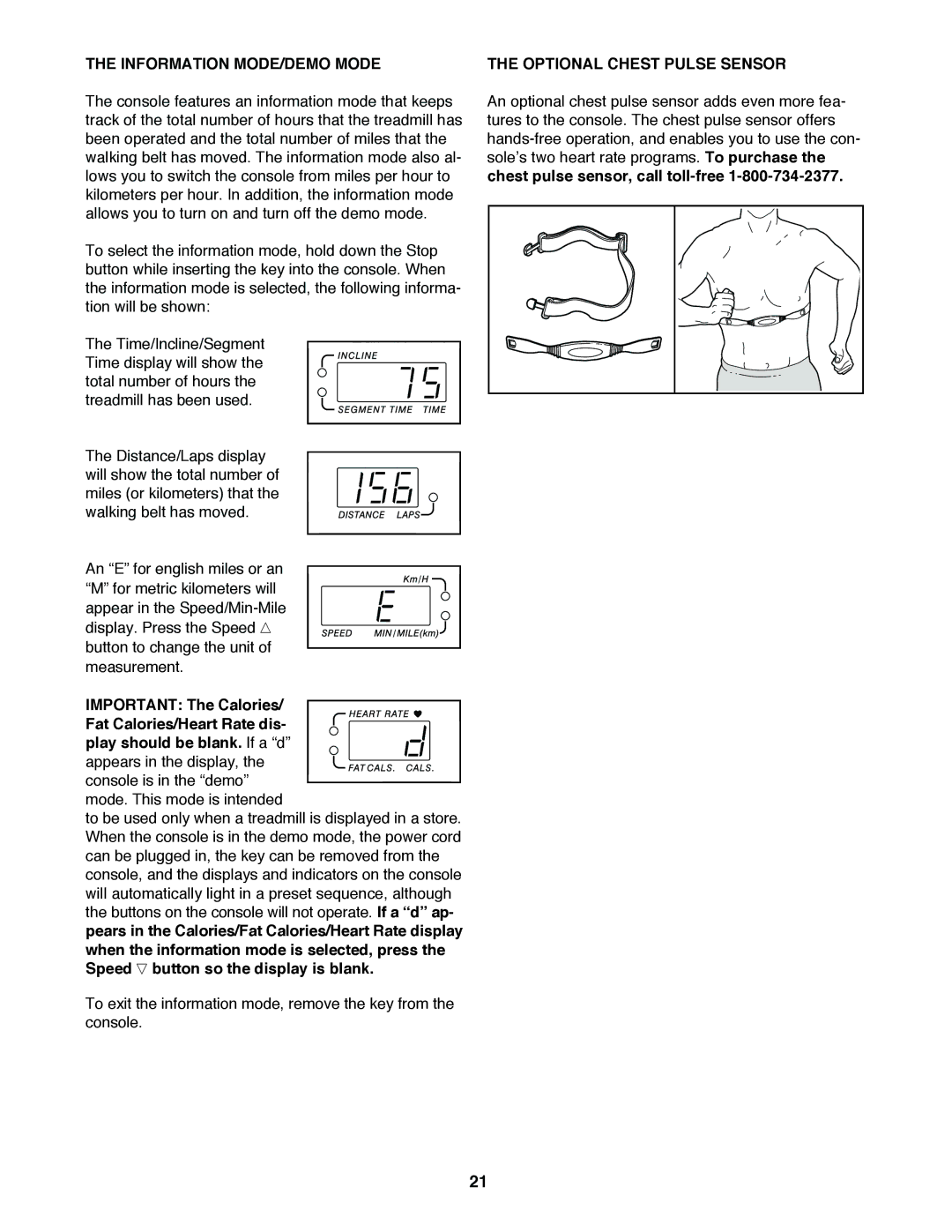 ProForm PFTL59120 user manual Information MODE/DEMO Mode, Optional Chest Pulse Sensor 