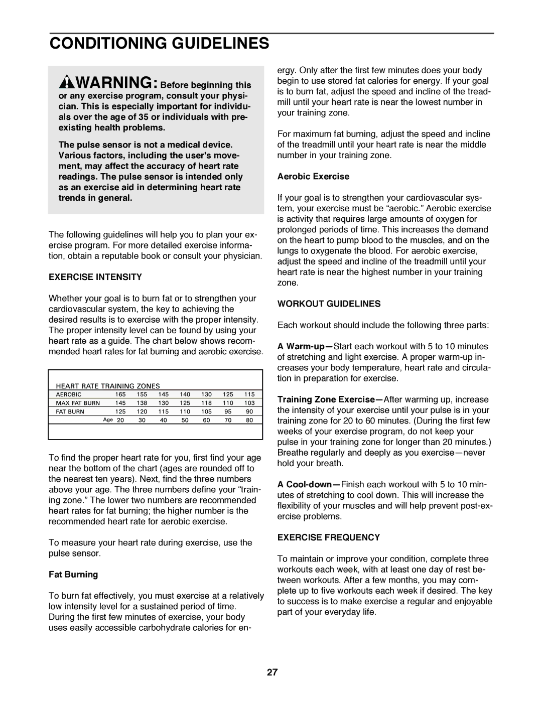 ProForm PFTL59120 user manual Conditioning Guidelines, Exercise Intensity, Workout Guidelines, Exercise Frequency 