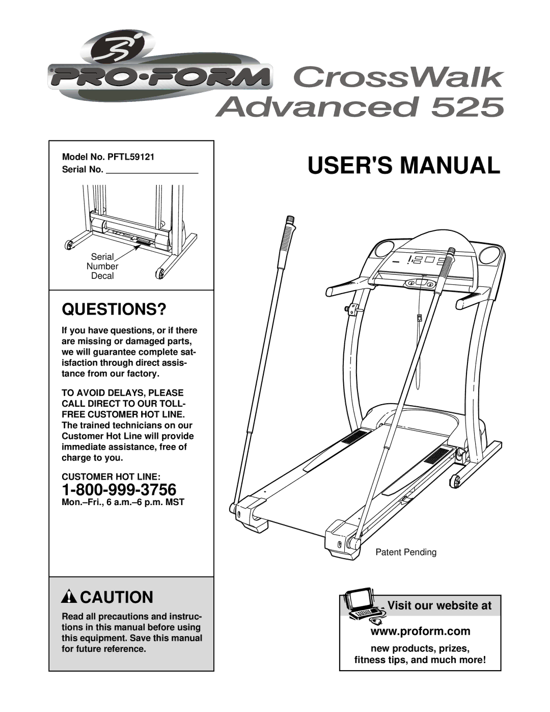 ProForm user manual Questions?, Model No. PFTL59121 Serial No, Customer HOT Line 