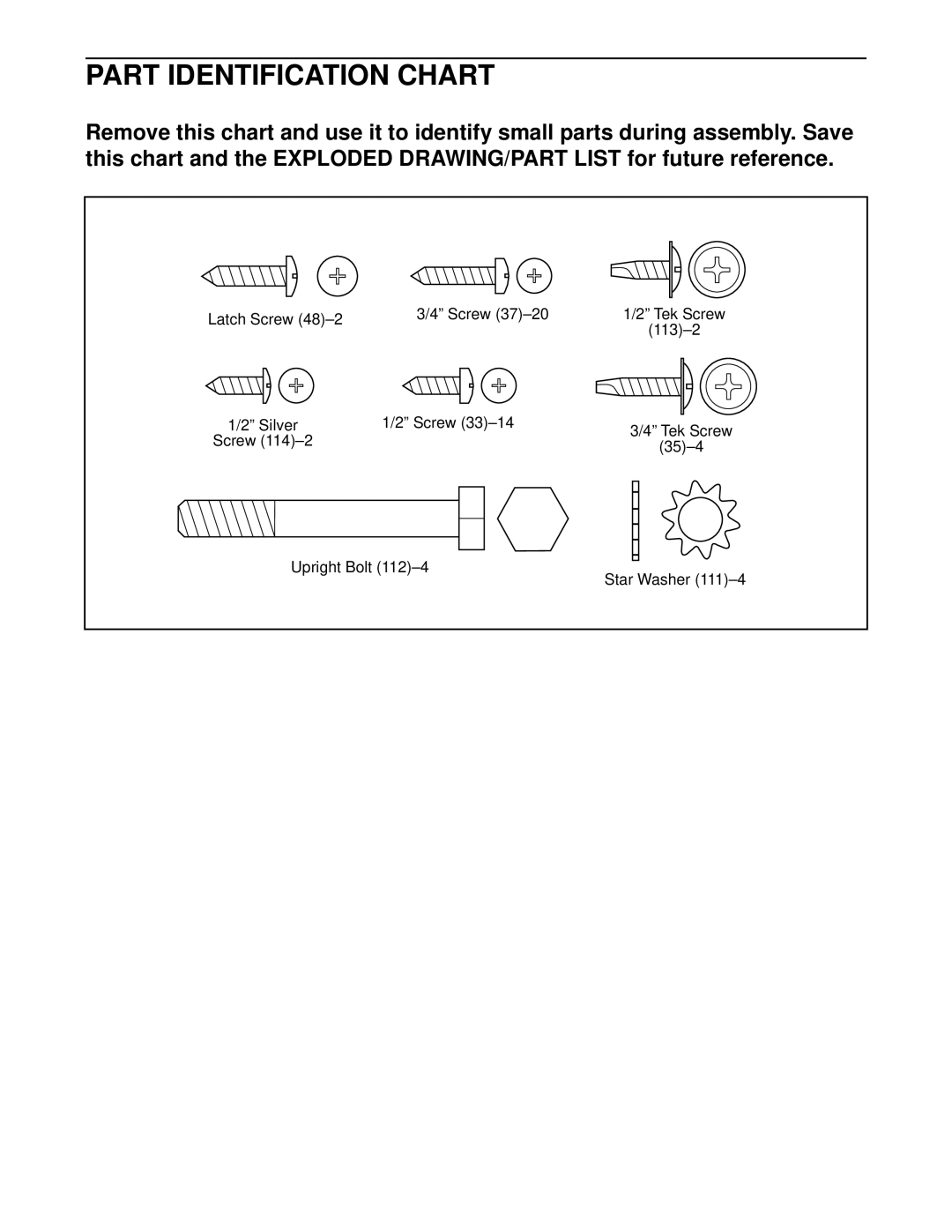 ProForm PFTL59121 user manual Part Identification Chart 