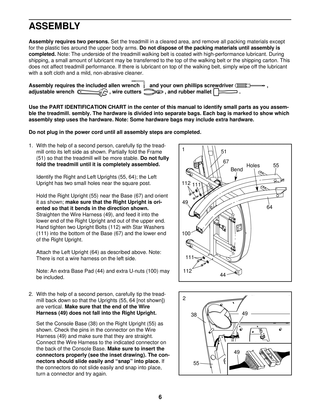 ProForm PFTL59121 user manual Assembly, Harness 49 does not fall into the Right Upright 