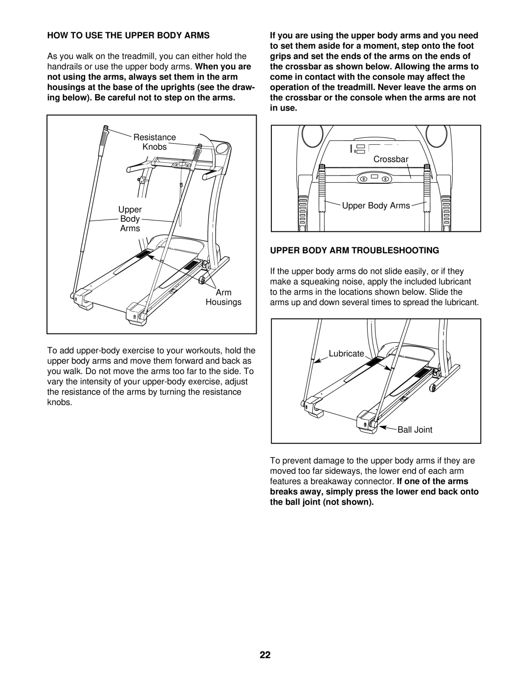 ProForm PFTL59121 user manual How To Use The Upper Body Arms, Upper Body Arm Troubleshooting 