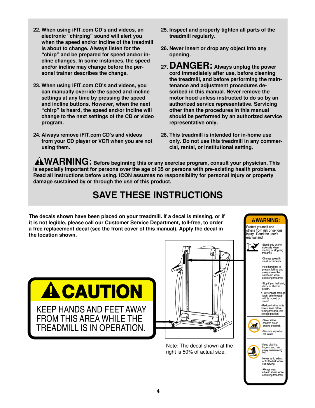 ProForm PFTL59121 user manual Save These Instructions, Inspect and properly tighten all parts of the treadmill regularly 