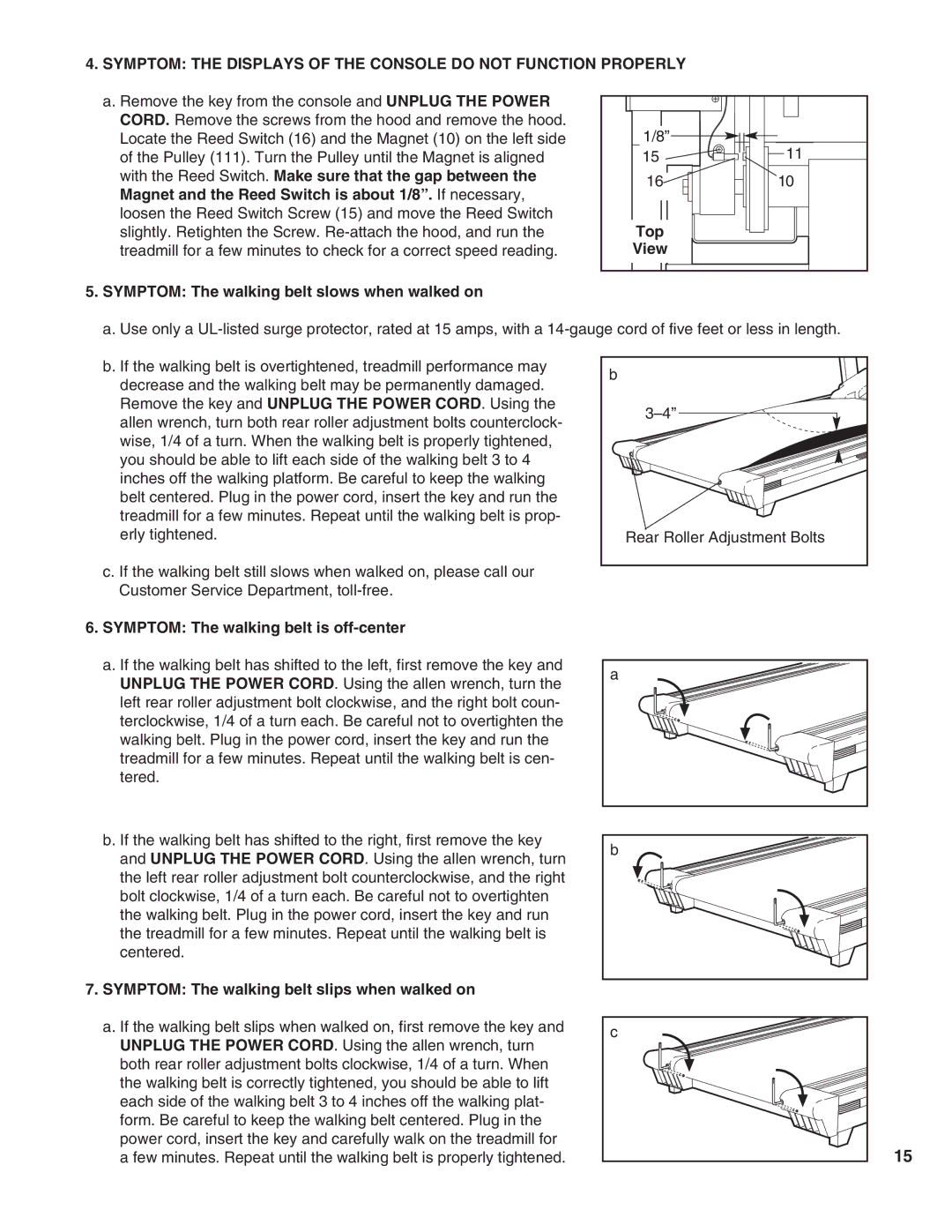 ProForm PFTL59290 Top, View Symptom The walking belt slows when walked on, Symptom The walking belt is off-center 