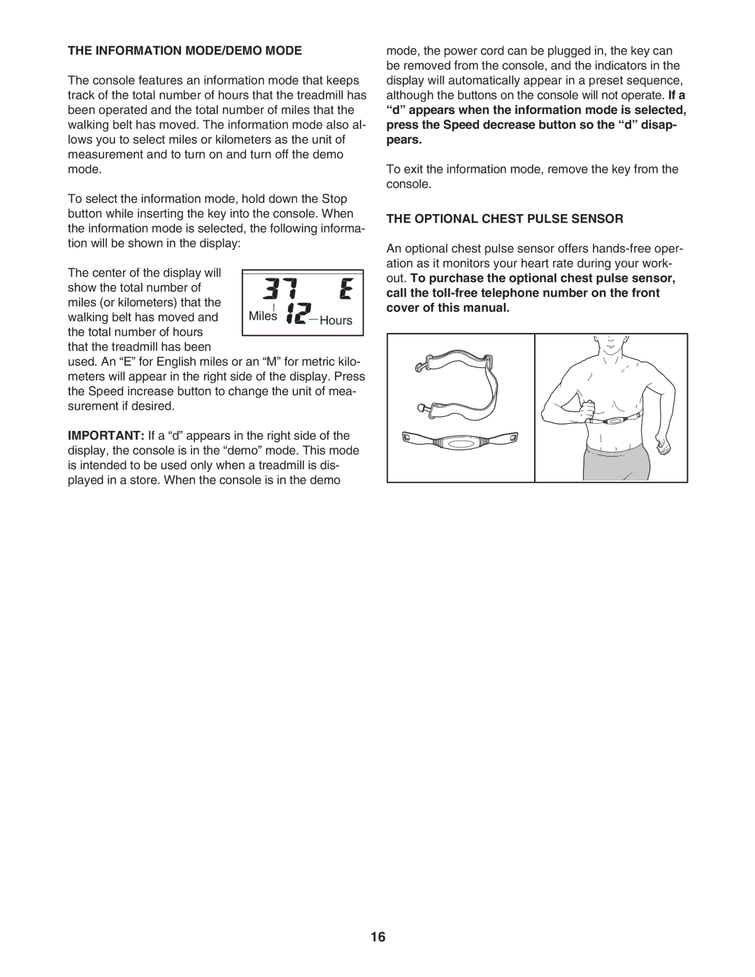 ProForm PFTL59506.0 user manual Information MODE/DEMO Mode, Optional Chest Pulse Sensor 