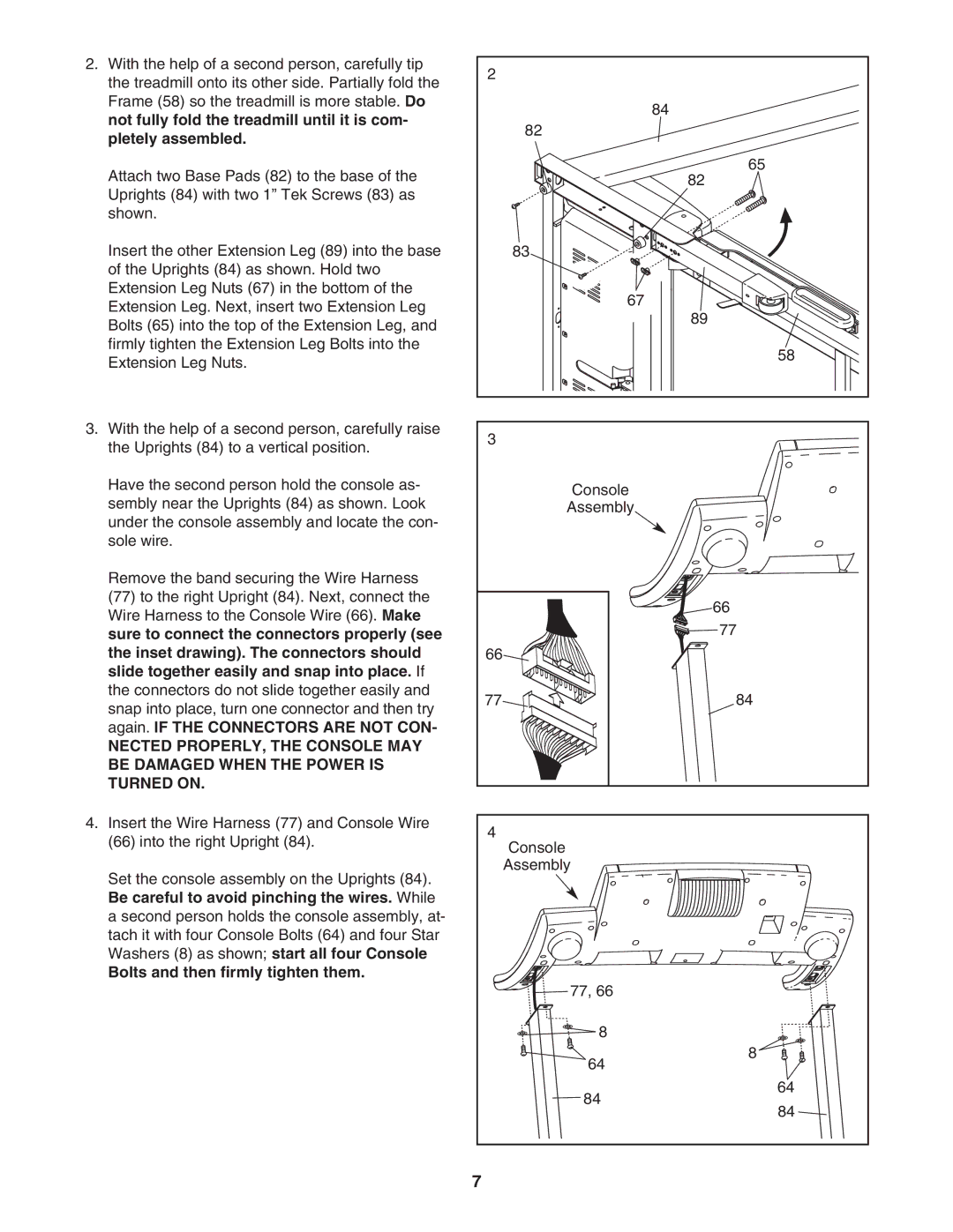 ProForm PFTL59506.0 user manual Be careful to avoid pinching the wires. While, Bolts and then firmly tighten them 