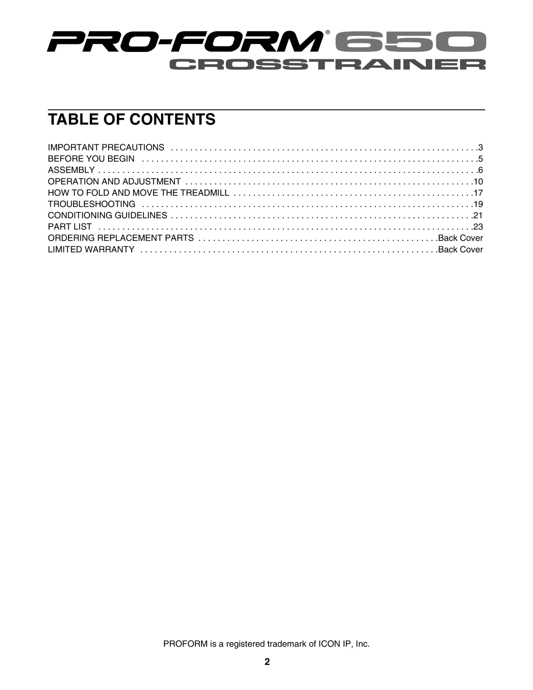 ProForm PFTL59806.0 user manual Table of Contents 