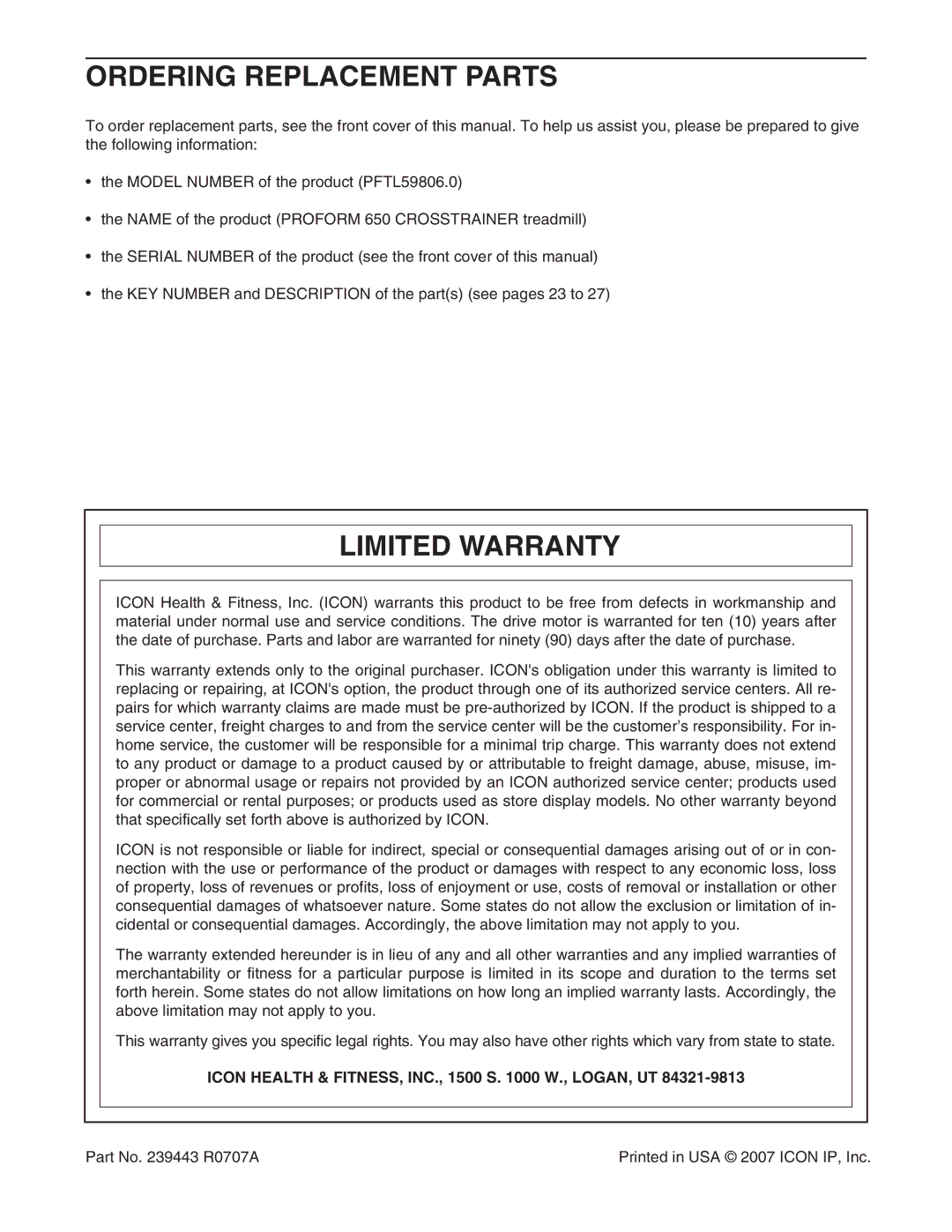 ProForm PFTL59806.0 Ordering Replacement Parts, Limited Warranty, Icon Health & FITNESS, INC., 1500 S W., LOGAN, UT 