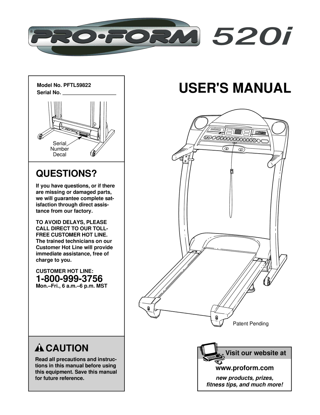 ProForm user manual Questions?, Model No. PFTL59822 Serial No, Free Customer HO, Customer HOT Line 