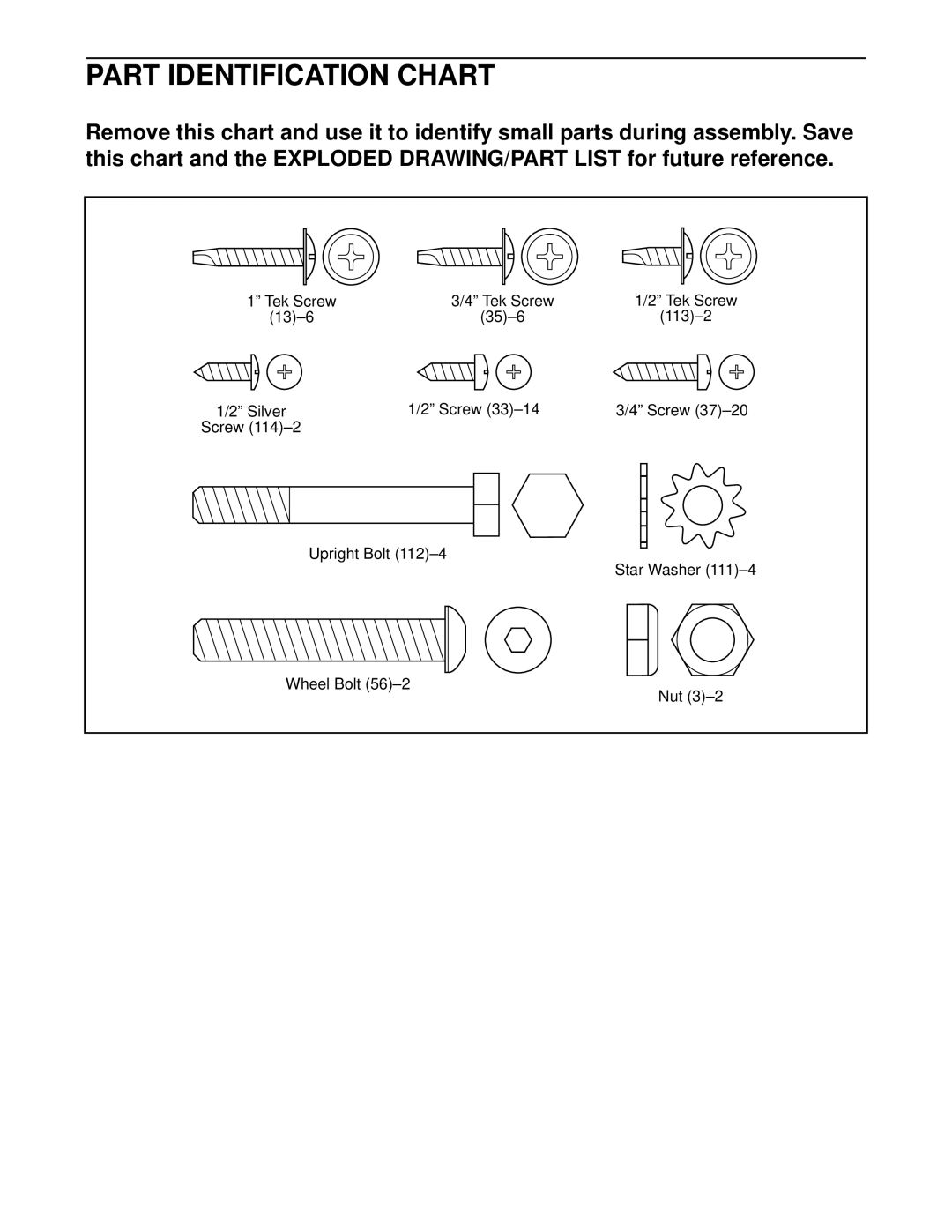 ProForm PFTL59822 user manual Part Identification Chart, Tek Screw 