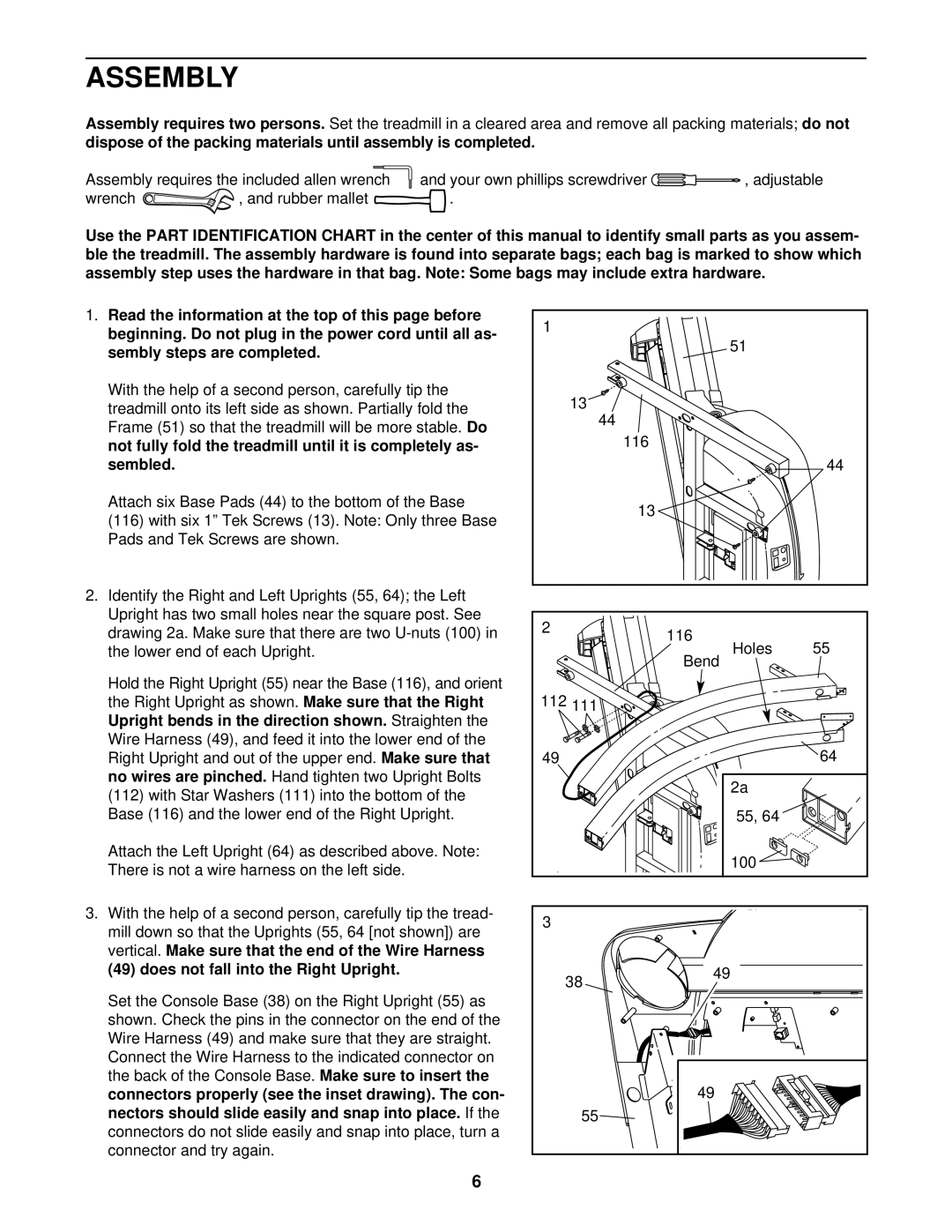 ProForm PFTL59822 user manual Assembly, Sembled, No wires are pinched, Does not fall into the Right Upright 