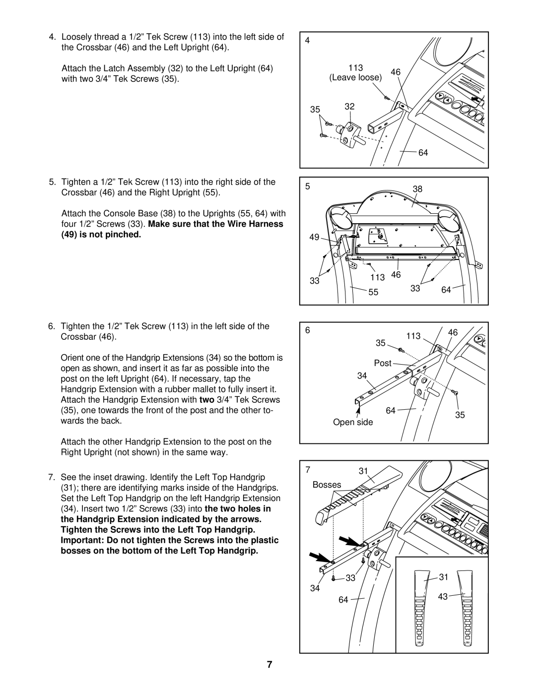 ProForm PFTL59822 Attach the Handgrip Extension with, Insert two 1/2 Screws 33 into, Leave loose Post Open side Bosses 